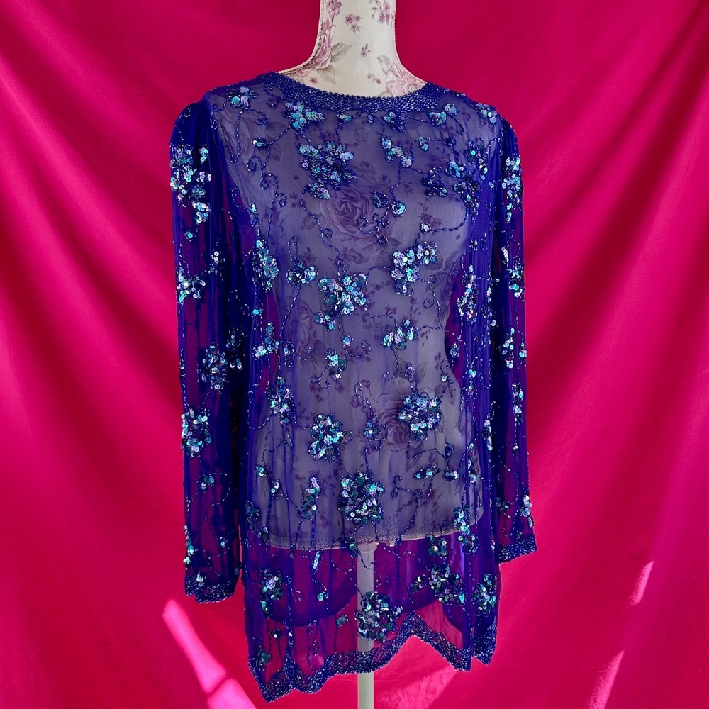 Sequin Beaded Sheer Purple Tunic Top XL Vintage Y2K Lillie Rubin‎ Glam Party - Picture 8 of 17